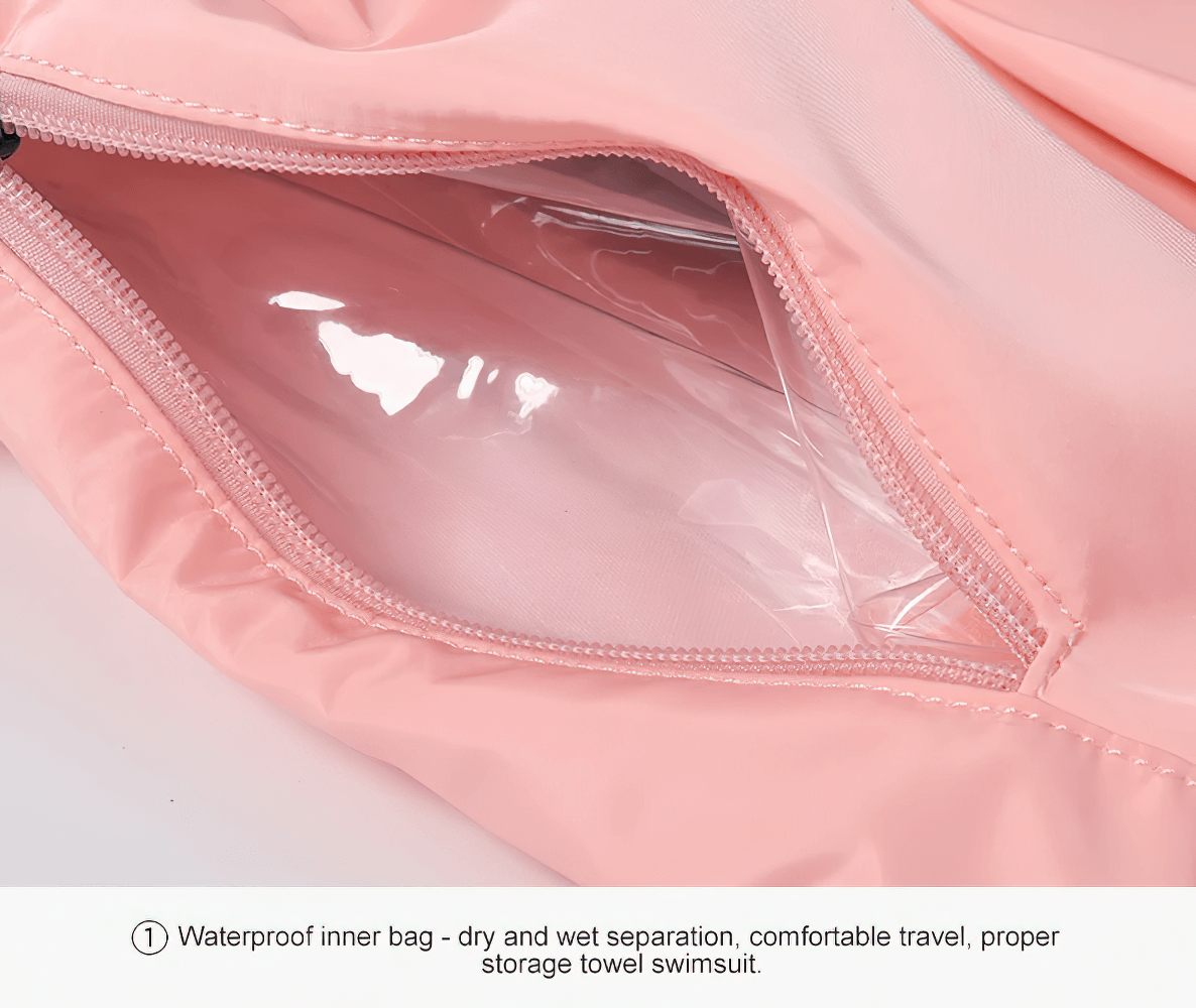 Close-up of pink waterproof backpack showcasing dry and wet separation inner compartment for travel and gym essentials.