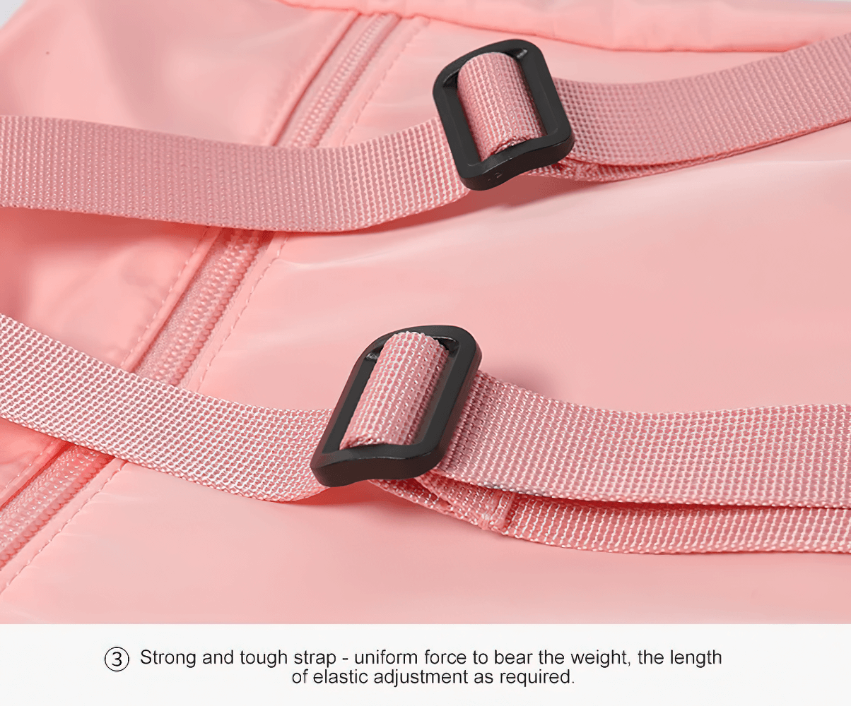 Close-up of waterproof backpack straps showcasing pink durable nylon material and adjustable black buckle for secure fit.