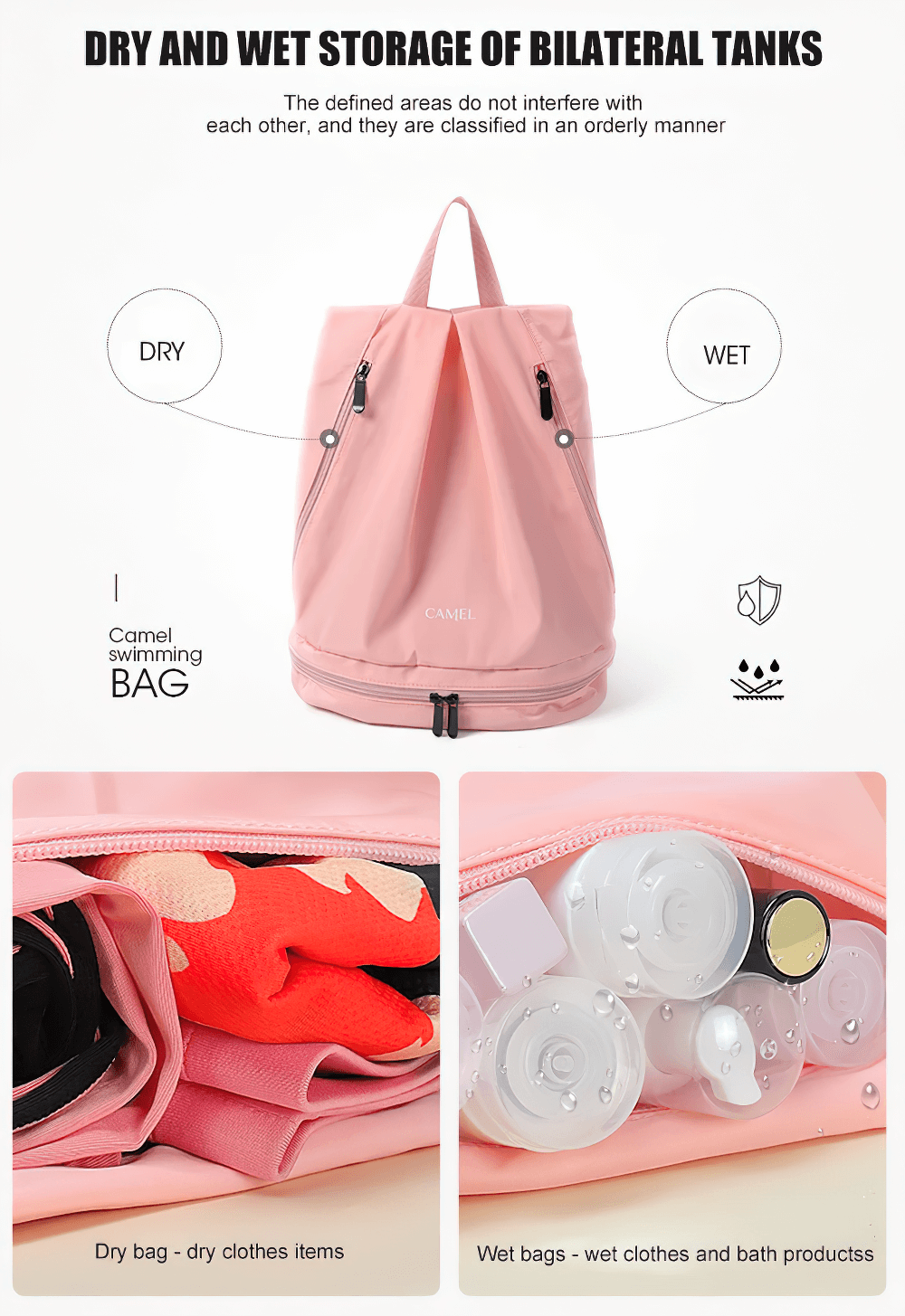 Waterproof pink backpack with dry-wet compartments, showing separate storage for clothes and toiletries. Ideal for sports and gym.