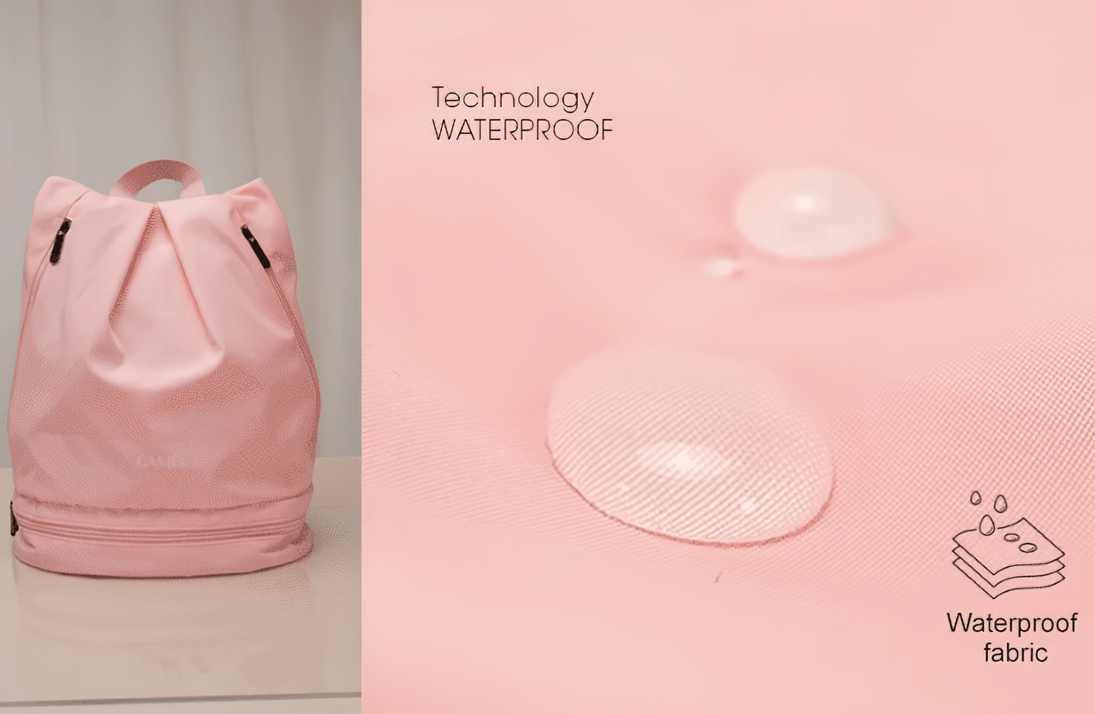 Pink waterproof backpack with water droplets showcasing durable fabric, perfect for gym, sports, and outdoor activities.