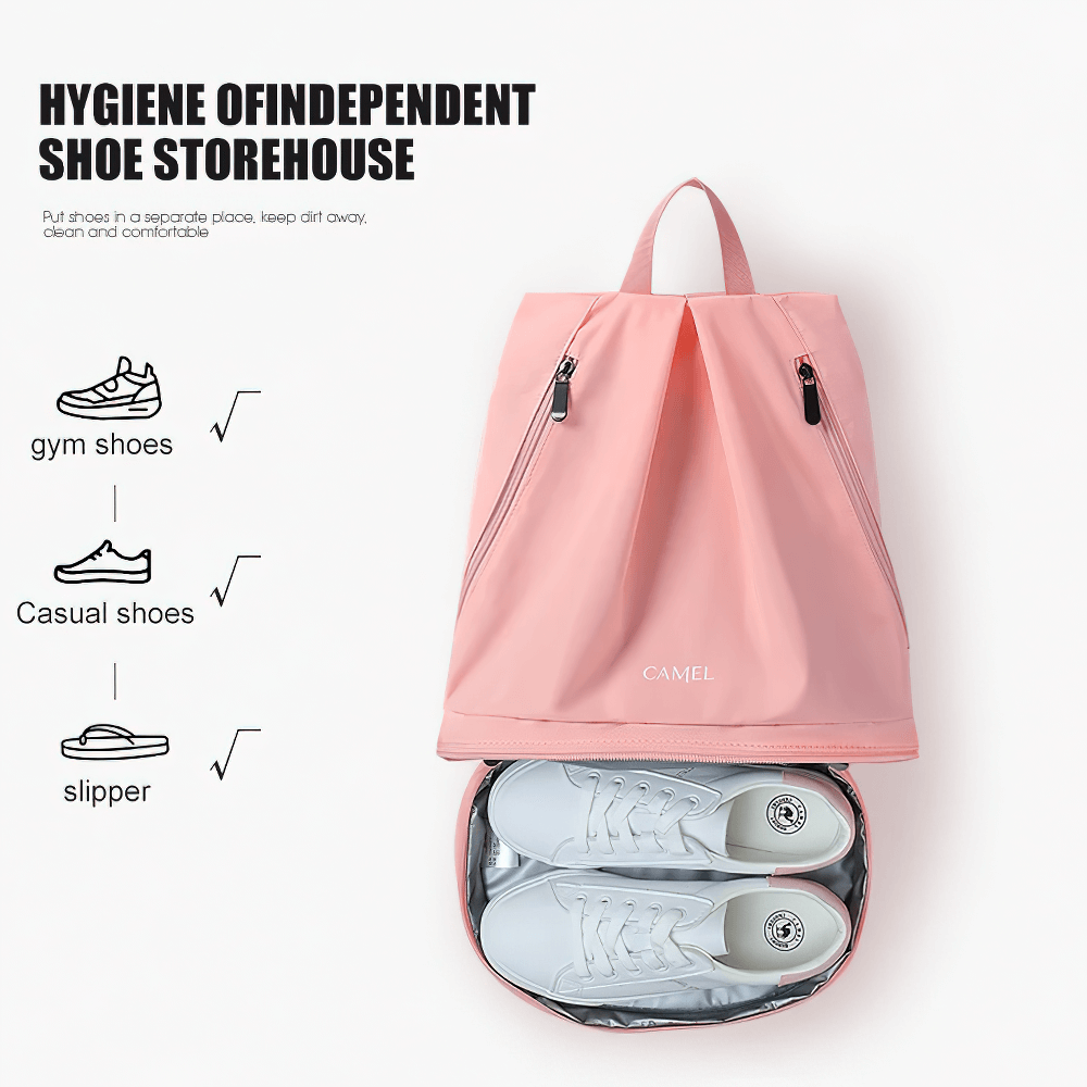 Pink waterproof backpack with separate shoe compartment, showcasing gym, casual, and slippers storage features.