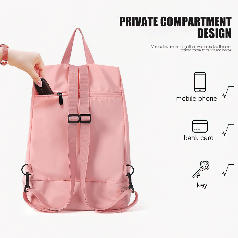 Pink waterproof backpack with private compartment for mobile phone, bank card, and key. Perfect for gym, sports, and outdoor adventures.