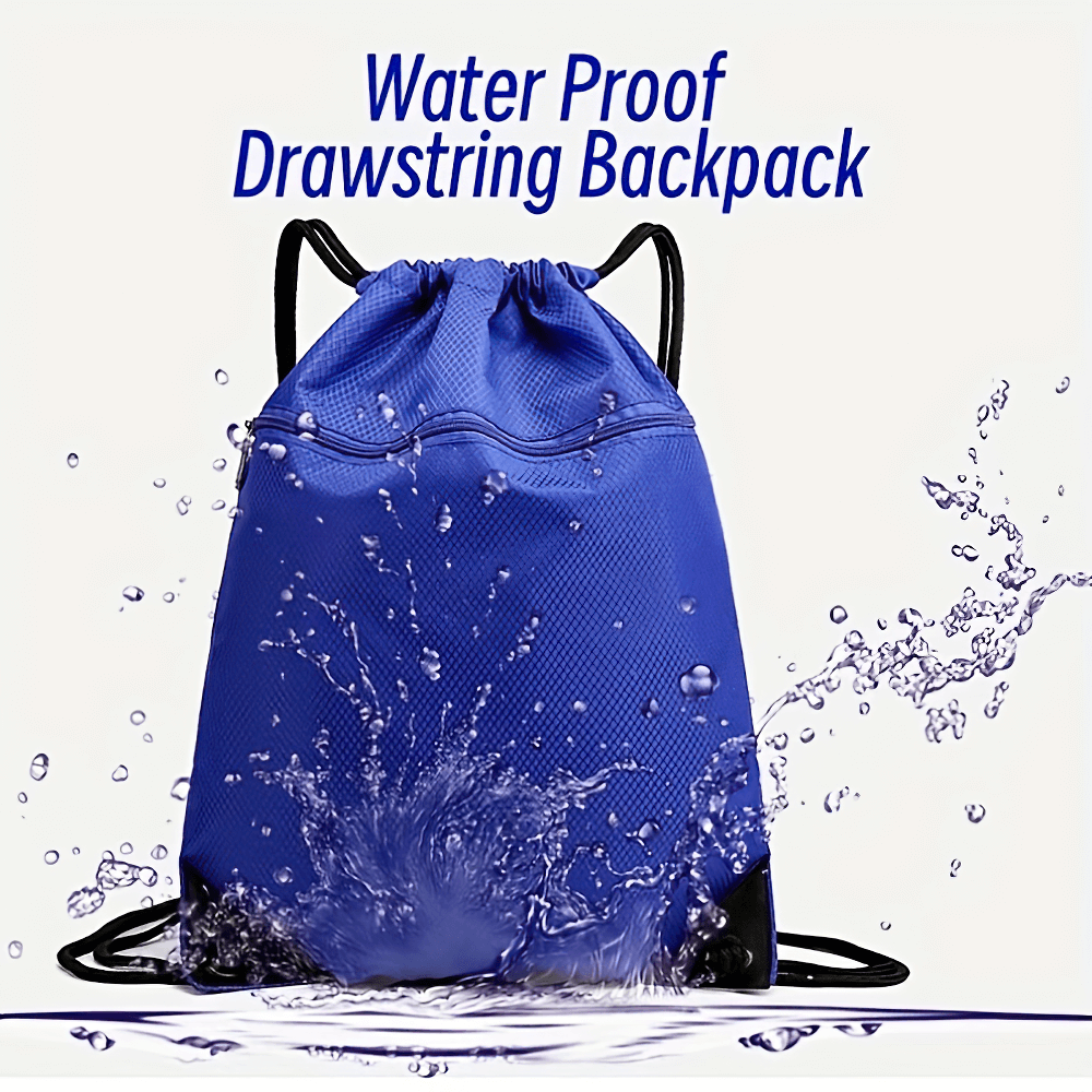 Blue waterproof drawstring backpack with splash, ideal for travel and hiking, showcasing water-resistant Oxford fabric.