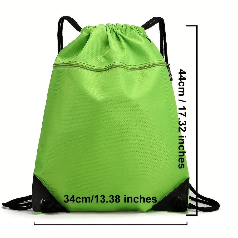 Green waterproof drawstring backpack with dimensions for hiking and travel, featuring a secure zip pocket and durable fabric.