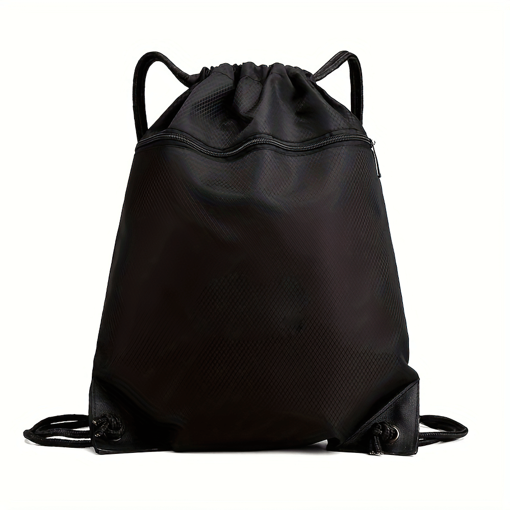 Waterproof drawstring backpack SF2645, black with zipper, made of durable Oxford fabric, ideal for hiking, camping, and travel.