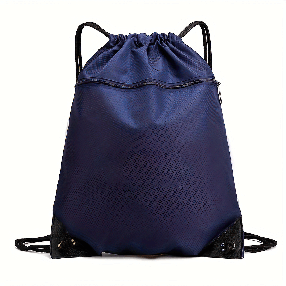 Durable navy blue waterproof drawstring backpack for travel and hiking, featuring a secure zipper and versatile pocket, perfect for men.