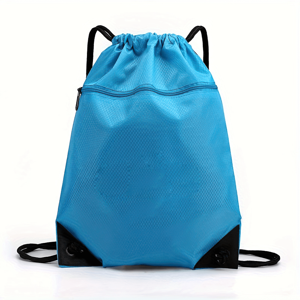 Blue waterproof drawstring backpack SF2645 for travel and hiking, featuring durable Oxford fabric and spacious utility pocket.