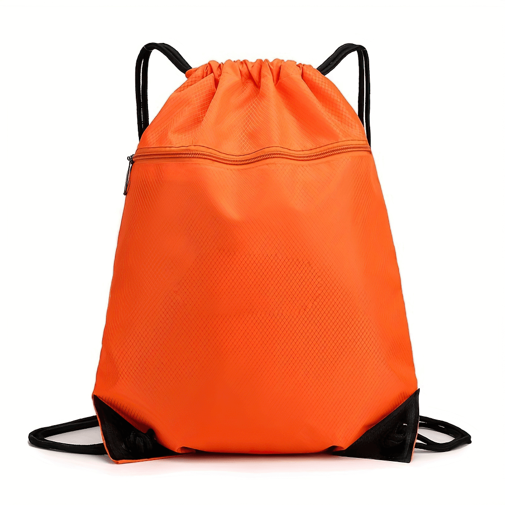 Orange waterproof drawstring backpack SF2645 with utility pocket. Ideal for hiking, camping, or travel. Durable and versatile design.