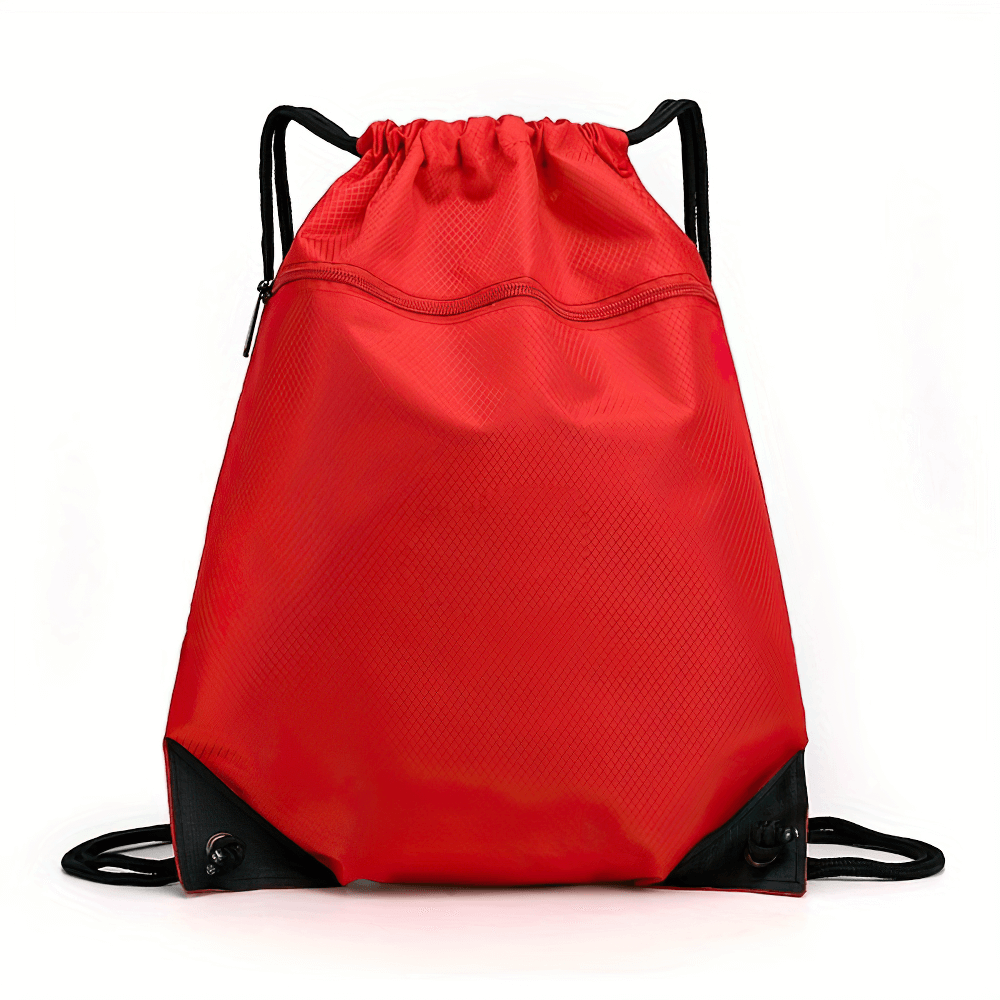 Red waterproof drawstring backpack SF2645 with secure zipper and utility pocket, perfect for hiking and travel. Durable Oxford fabric.