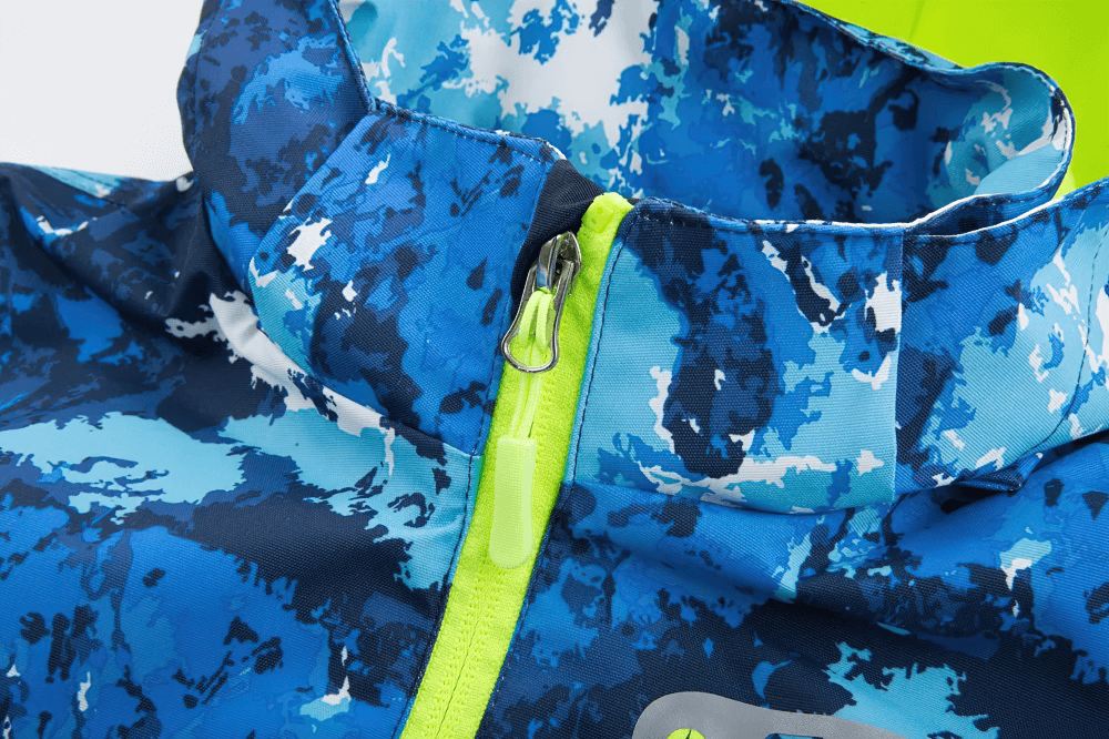 Close-up of Waterproof Fleece Lined Jacket with Detachable Hood - SF3575 showing blue pattern and zipper details.