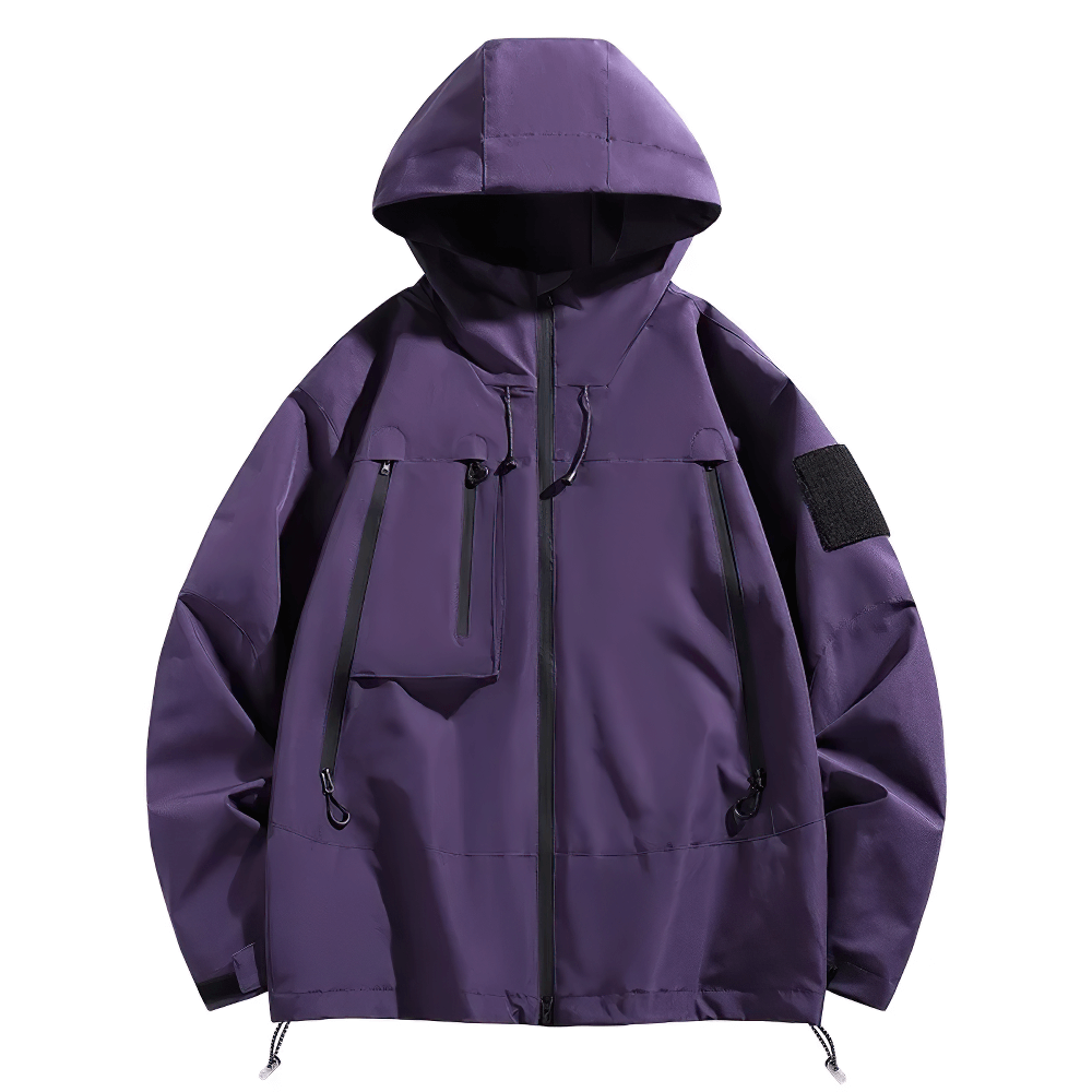 Purple waterproof hiking jacket with hood and pockets, SF2313. Perfect windbreaker for outdoor activities like camping and cycling.