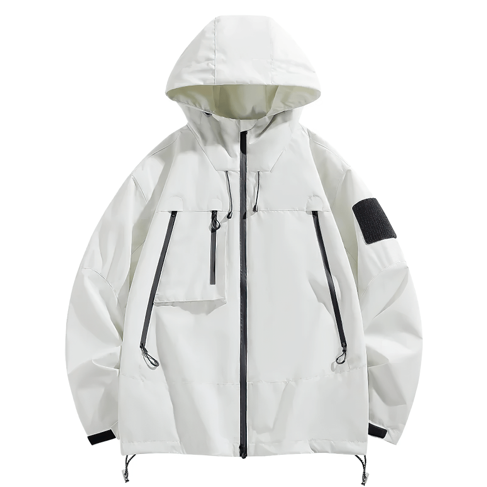 White waterproof hiking jacket with hood and pockets, windproof and lightweight, ideal for outdoor activities like camping and cycling.