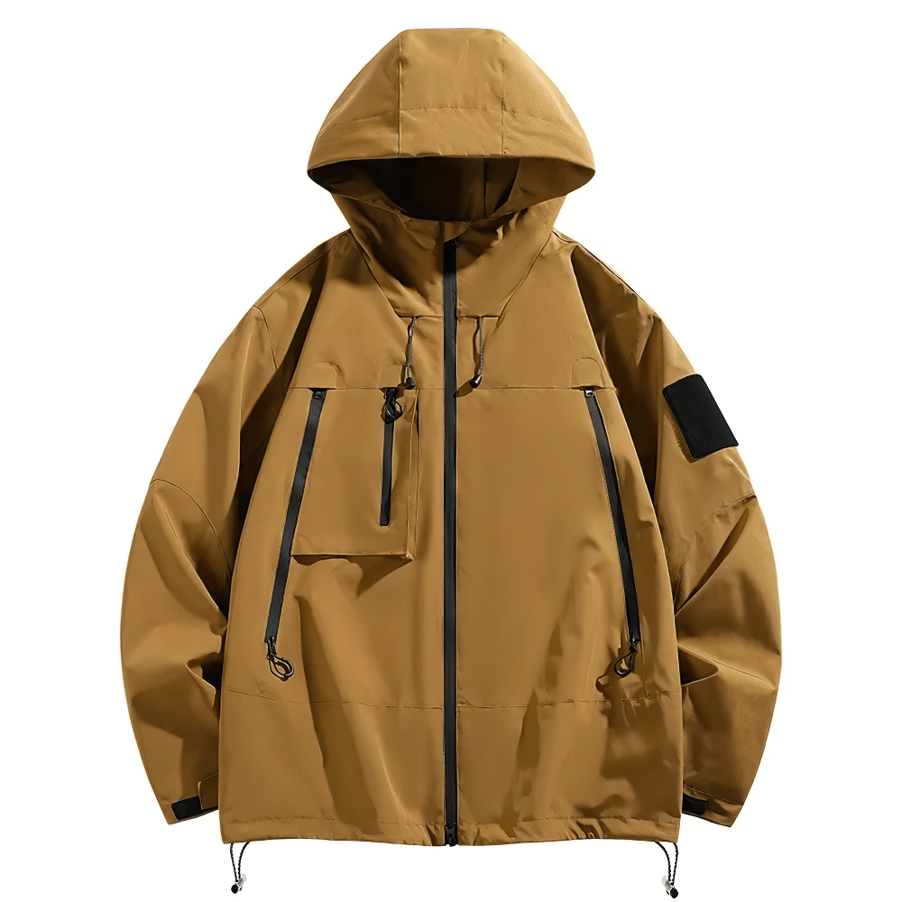 Brown waterproof hiking jacket with hood, featuring multiple pockets and windproof lining for outdoor activities like camping and cycling.