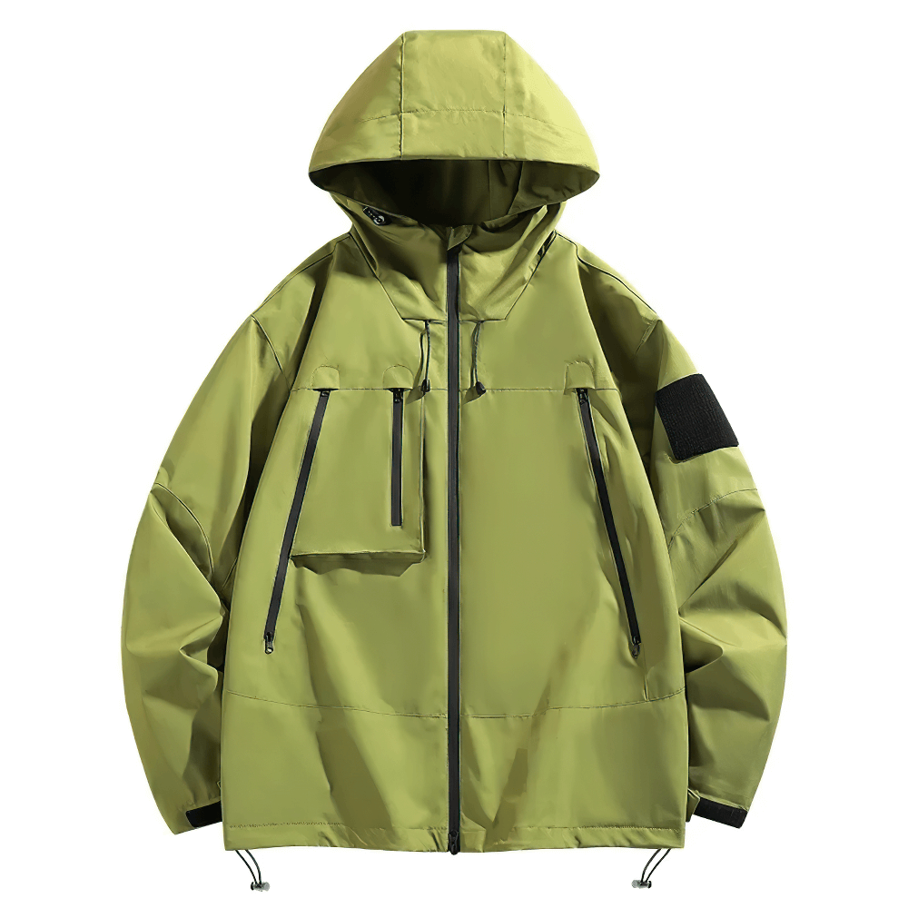 Waterproof hiking jacket with hood in green, featuring windproof lining and pockets. Perfect for outdoor activities like camping and cycling.