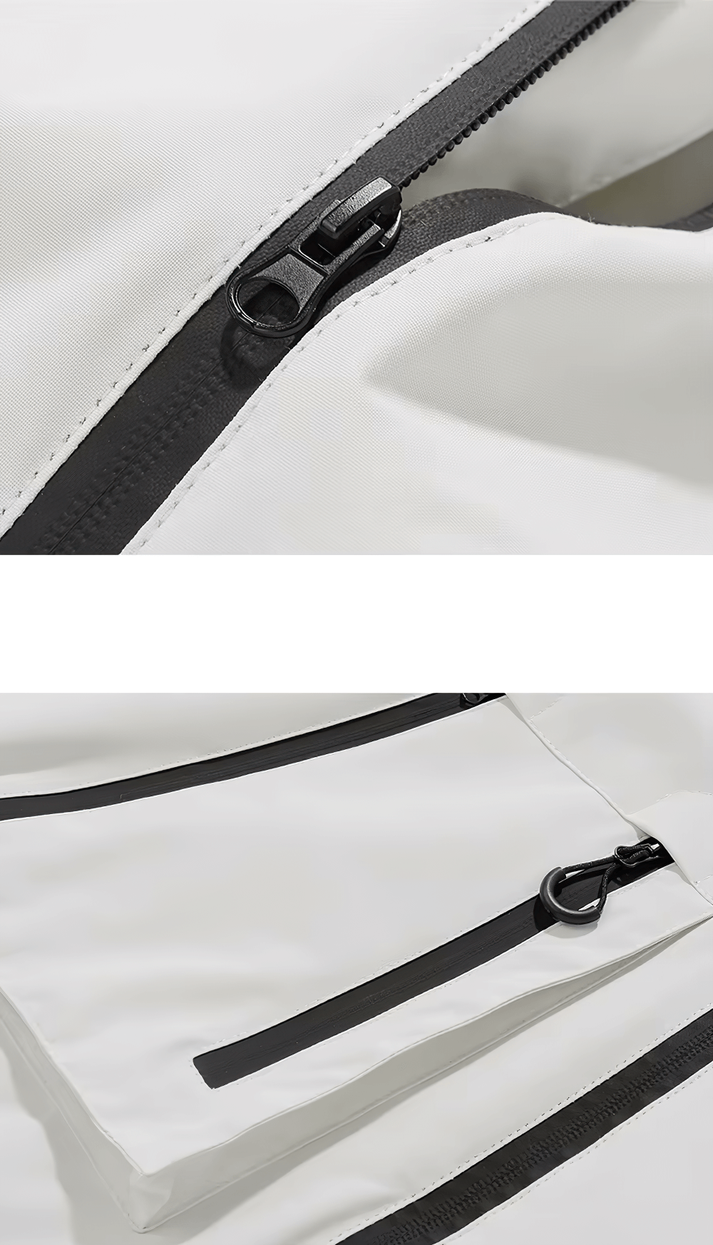 Close-up of zippers and pockets on a white waterproof hiking jacket, showcasing black zipper details and durable fabric.