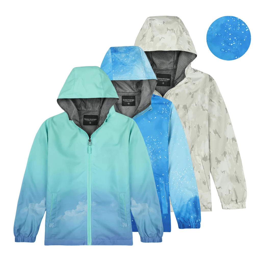 Waterproof Hiking Jacket with Hood and Zip Front - SF3605 for kids, featuring colorful designs, fleece lining, and elastic cuffs.