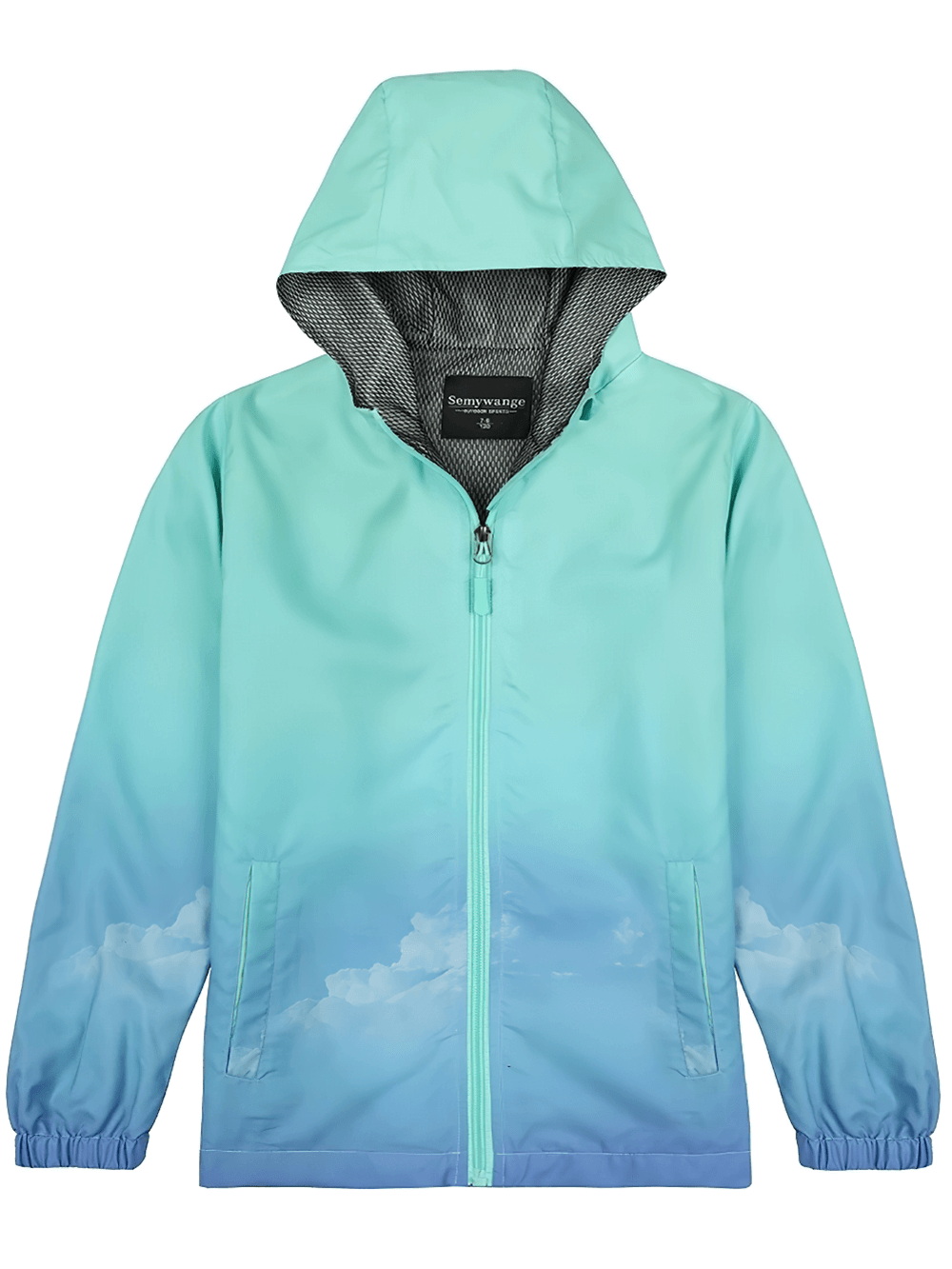 Waterproof Hiking Jacket with Hood and Zip Front - SF3605, youth rain jacket for boys and girls, teal gradient with elastic cuffs.