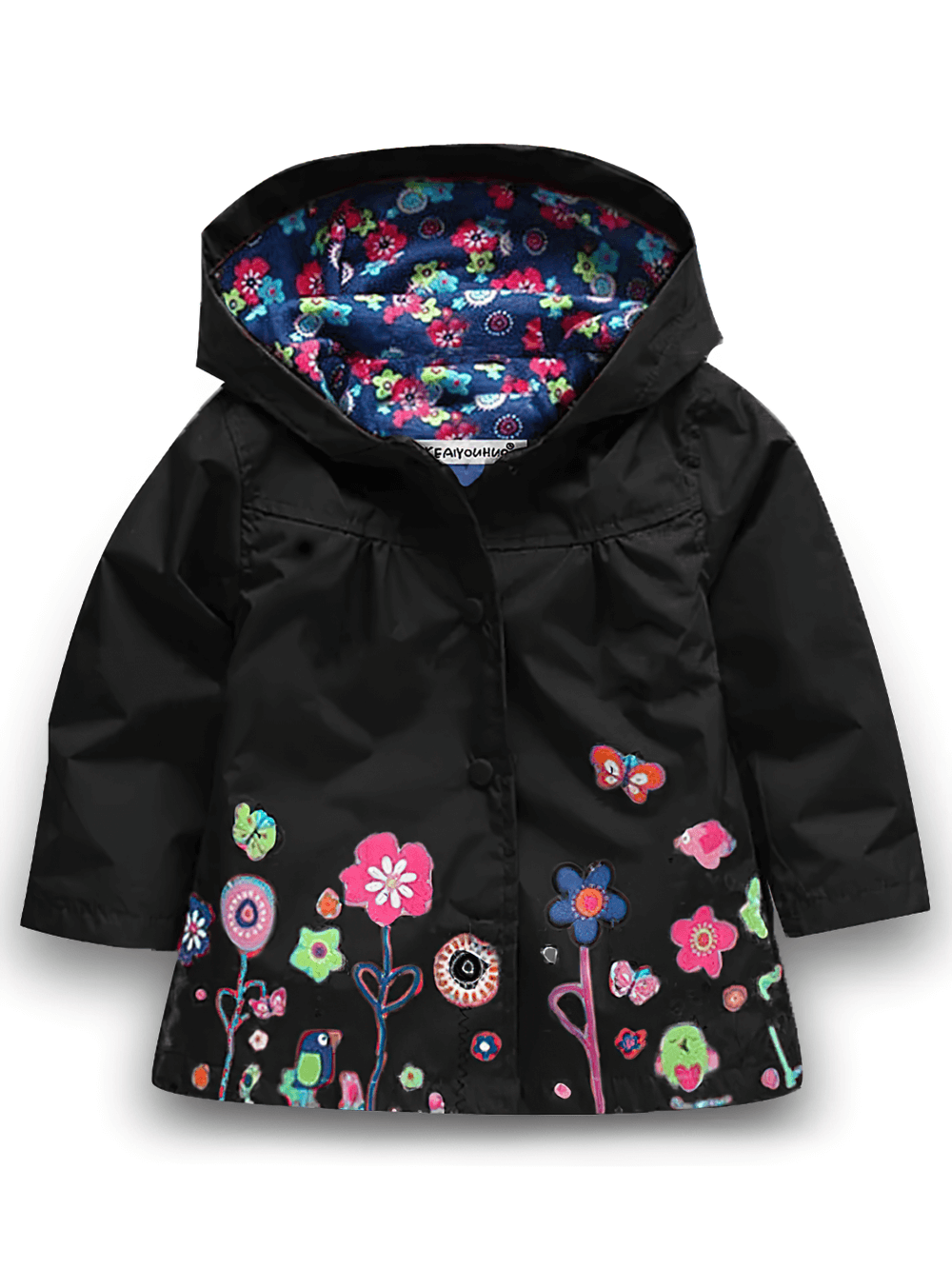 Waterproof Hooded Jacket with Cute Flower Print - SF3597 for kids, featuring windproof design and colorful floral and butterfly pattern.