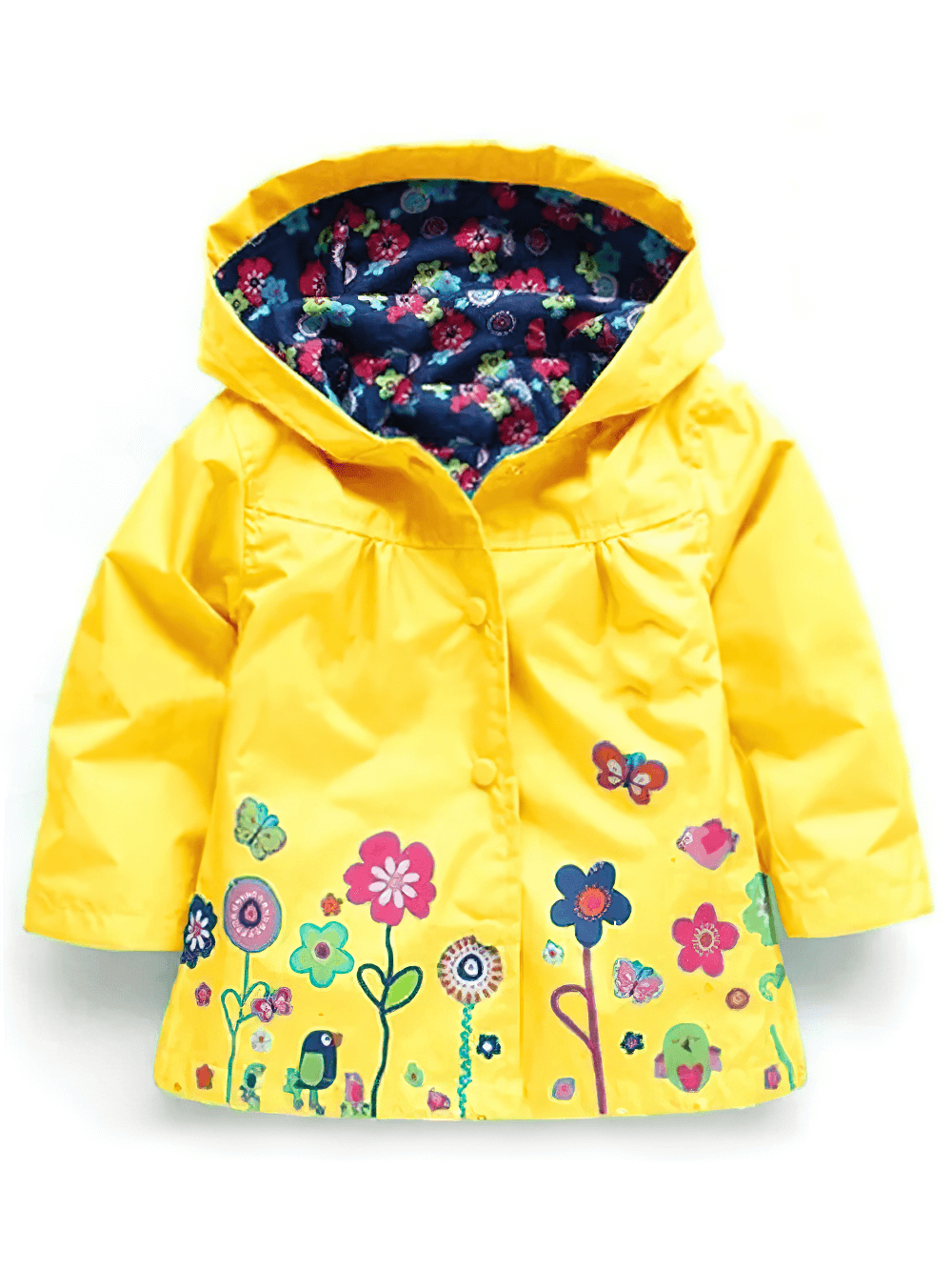 Waterproof Hooded Jacket with Cute Flower Print - SF3597 in yellow, perfect for kids' autumn outings with lovely floral and butterfly design.