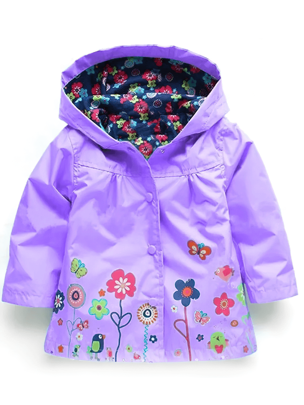 Waterproof Hooded Jacket with Cute Flower Print - SF3597 for kids in purple with floral and butterfly design, perfect autumn outerwear.