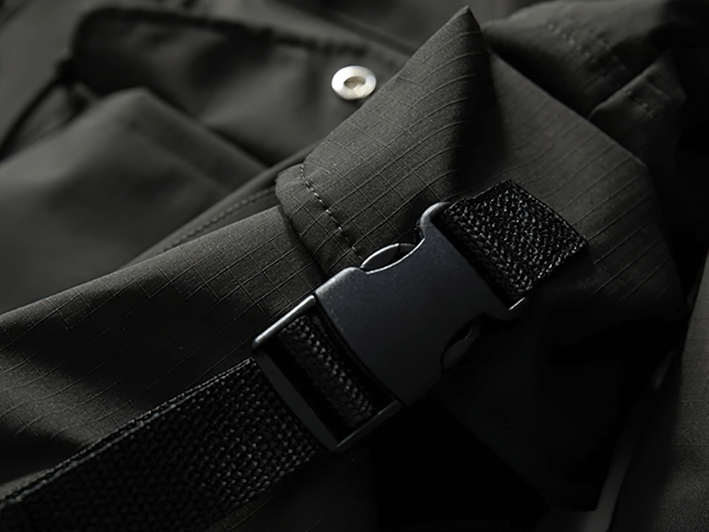 Close-up of waterproof jacket SF2262 showing heavy-duty black buckle and durable fabric, perfect for outdoor adventures.