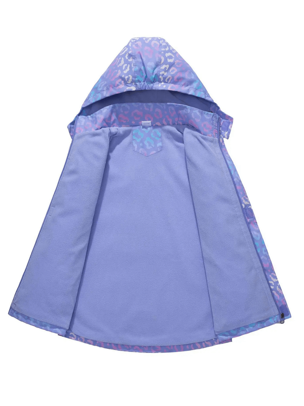 Front view of Waterproof Hooded Jacket with Pastel Leopard Print - SF3570, featuring open hood and vibrant pastel design.