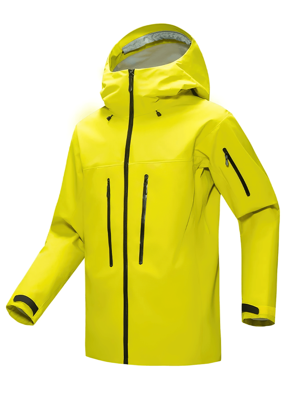 Bright yellow Waterproof Hooded Outdoor Hiking Rain Jacket - SF4217 with adjustable hood and sealed zippers for trekking and camping.