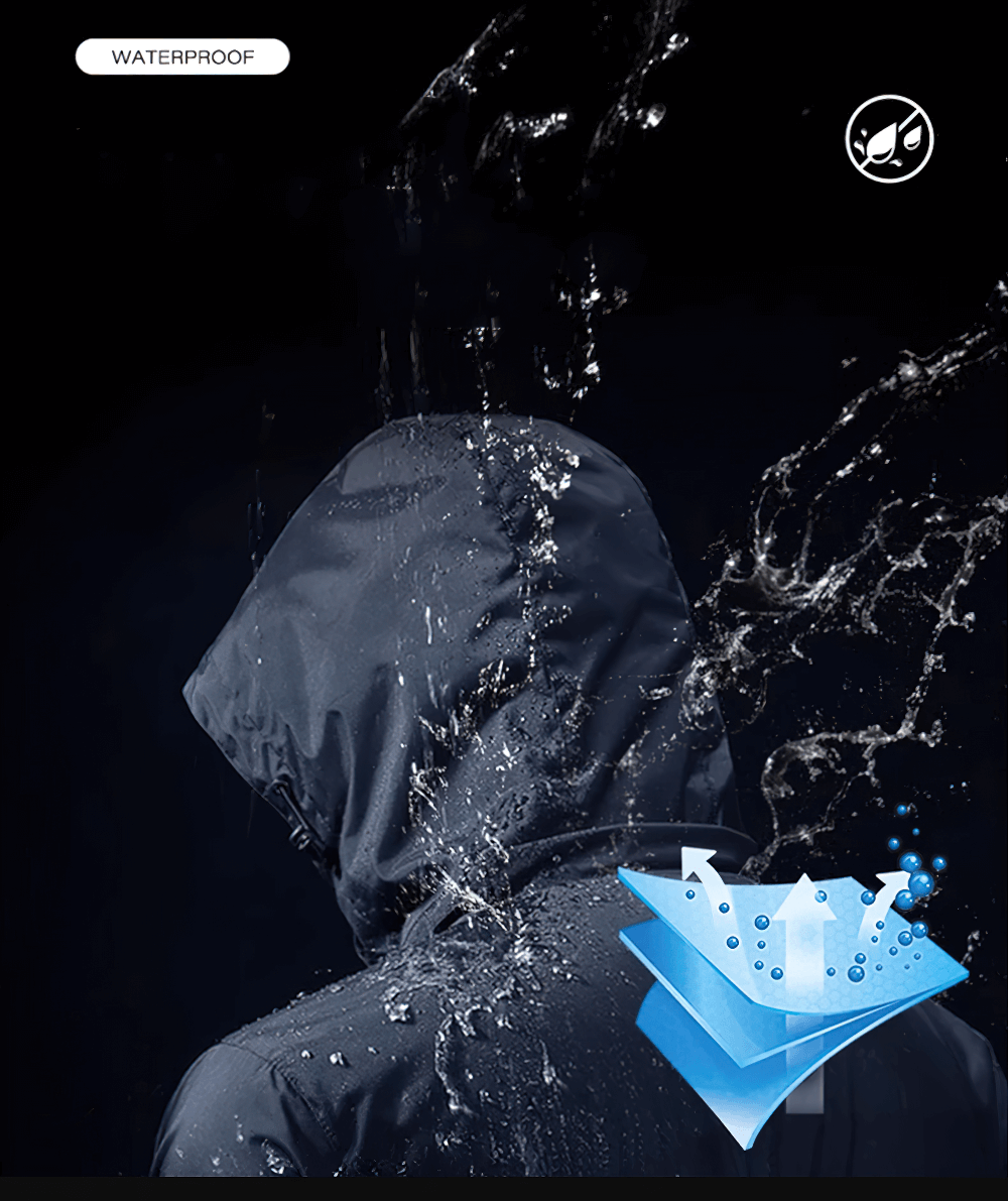 Water splashing off a Waterproof Hooded Outdoor Hiking Rain Jacket - SF4217, showcasing its water-repellent properties and hood design.
