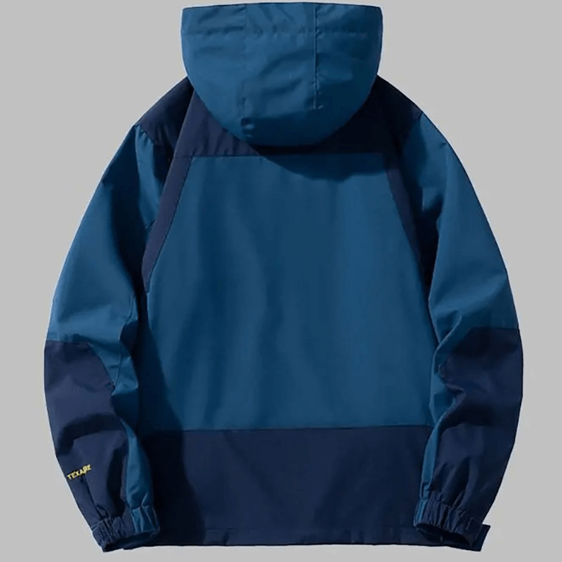 Blue waterproof hooded outdoor jacket with zipper closure and rib sleeves, perfect for hiking gear and outdoor adventures.