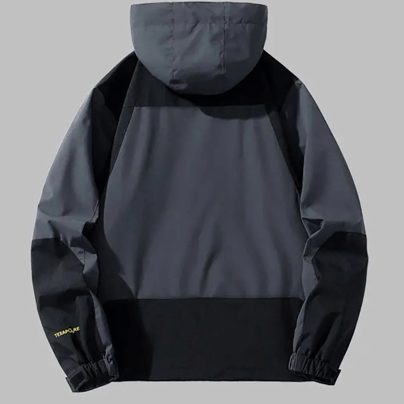 Back view of grey waterproof hooded outdoor jacket SF1976, perfect for hiking, featuring snug collar and rib sleeves.