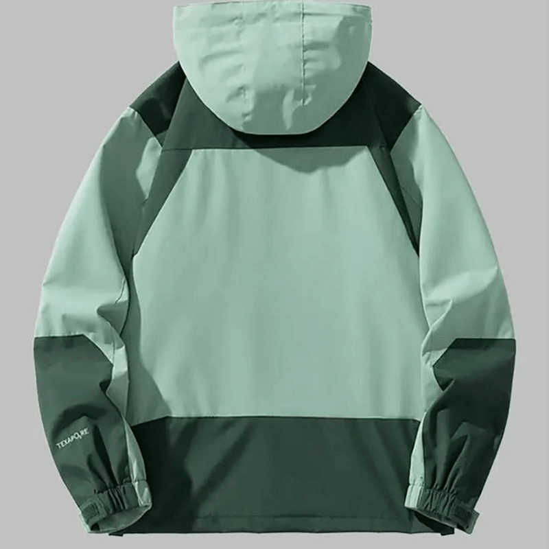 Men's waterproof hooded outdoor jacket in green with zipper closure, perfect for hiking and outdoor activities.