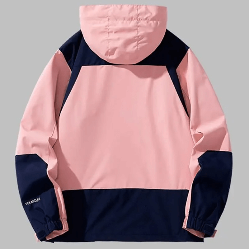 Back view of a pink and navy waterproof hooded outdoor jacket with a snug collar and rib sleeves, perfect for hiking.