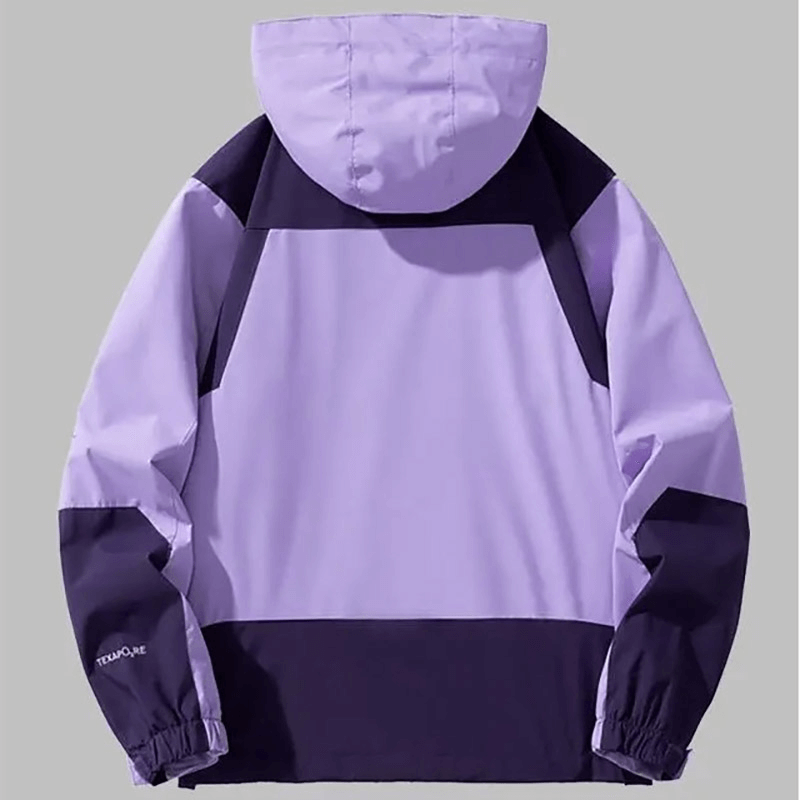 Purple waterproof hooded outdoor jacket with black accents, perfect for hiking. Features rib sleeves and zipper closure for men. SF1976 model.
