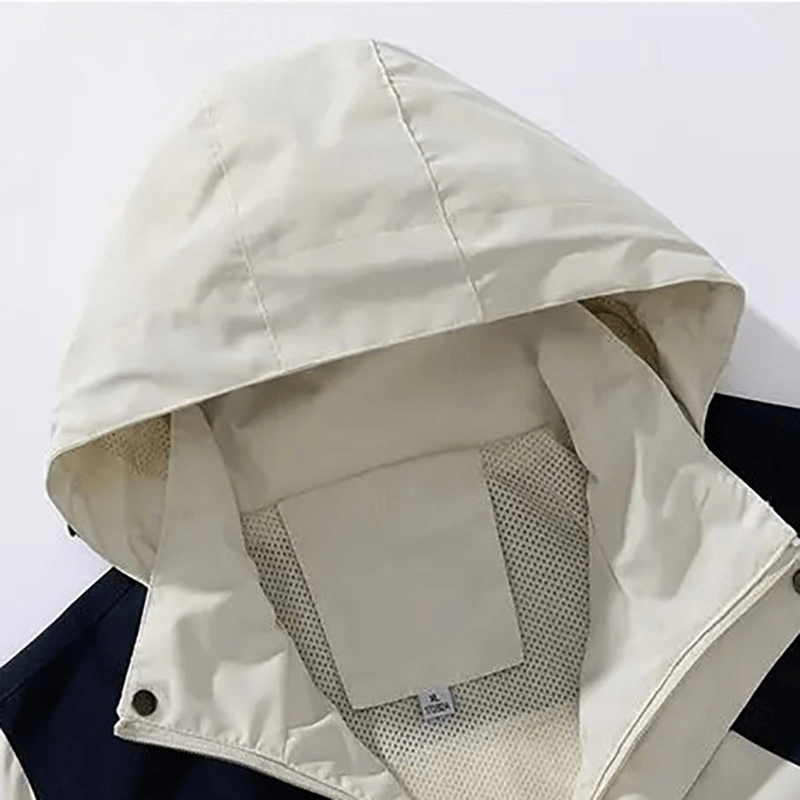 Waterproof hooded outdoor jacket, SF1976, with snug collar and zipper closure. Perfect hiking gear for men to brave the elements.