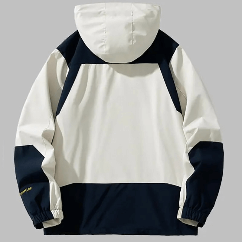 Waterproof hooded outdoor jacket in black and white, featuring a snug collar, ideal for hiking, with zipper closure and pockets.