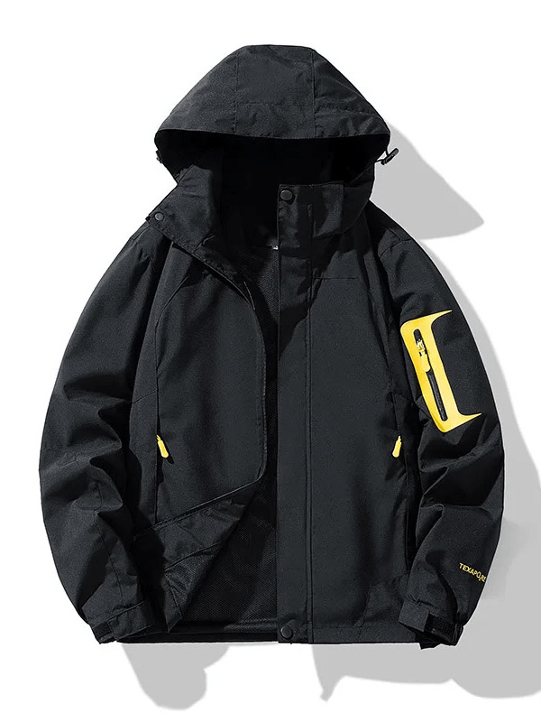 Waterproof hooded outdoor jacket with zipper closure, ideal for hiking. Black with yellow accents, designed for men. SF1976 hiking gear.