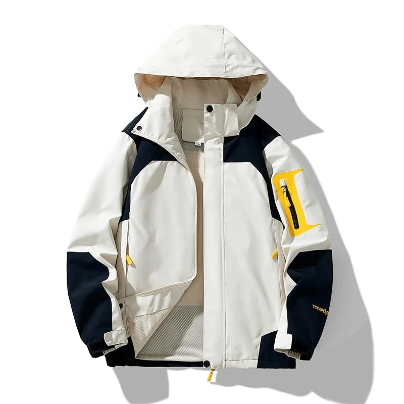 Waterproof Hooded Outdoor Jacket SF1976 for Men - White and Black with Yellow Accents - Hiking Gear with Pockets and Zipper Closure