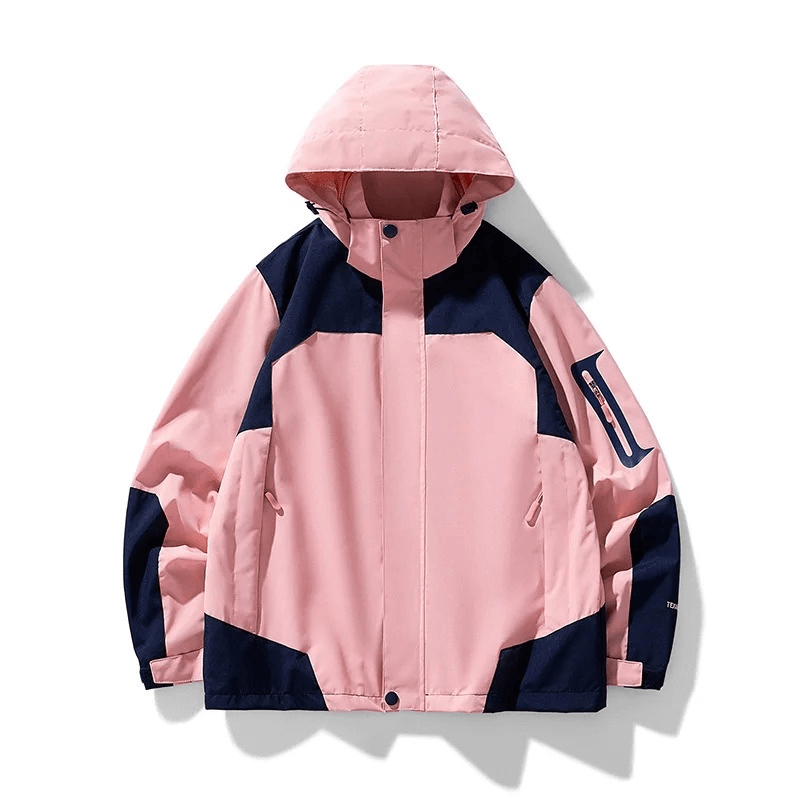 Pink and black waterproof hooded outdoor jacket for men with snug collar and zipper closure, perfect for hiking and outdoor adventures.