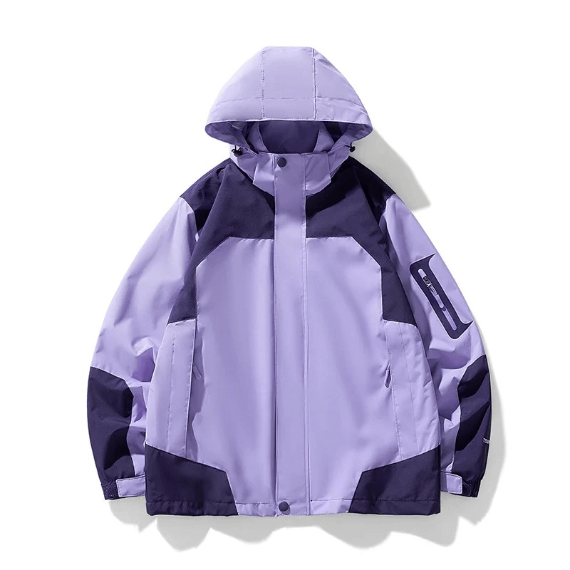 Waterproof hooded outdoor jacket in purple with zipper closure and pockets, perfect for hiking. Made of waterproof polyester. Model SF1976.