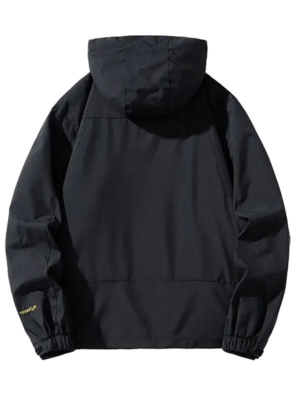 Back view of black waterproof hooded outdoor jacket SF1976 for men, featuring ribbed sleeves and secure pockets, ideal for hiking.