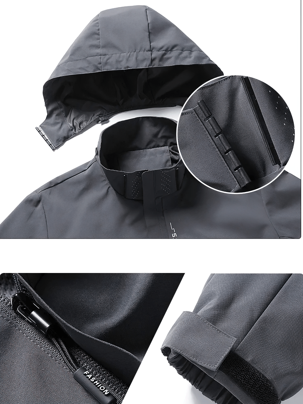 Close-up of the Waterproof Hooded Rain Jacket for Hiking Days - SF4684 showcasing the hood and secure zip pockets.