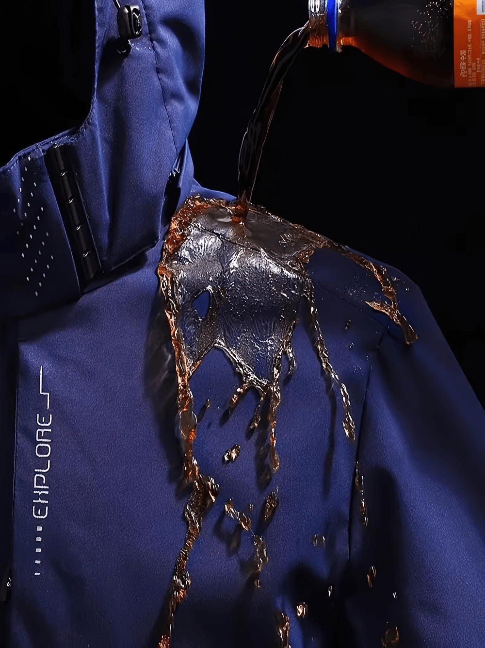 Waterproof Hooded Rain Jacket for Hiking Days - SF4684 being tested with liquid pouring on it to show waterproof quality.