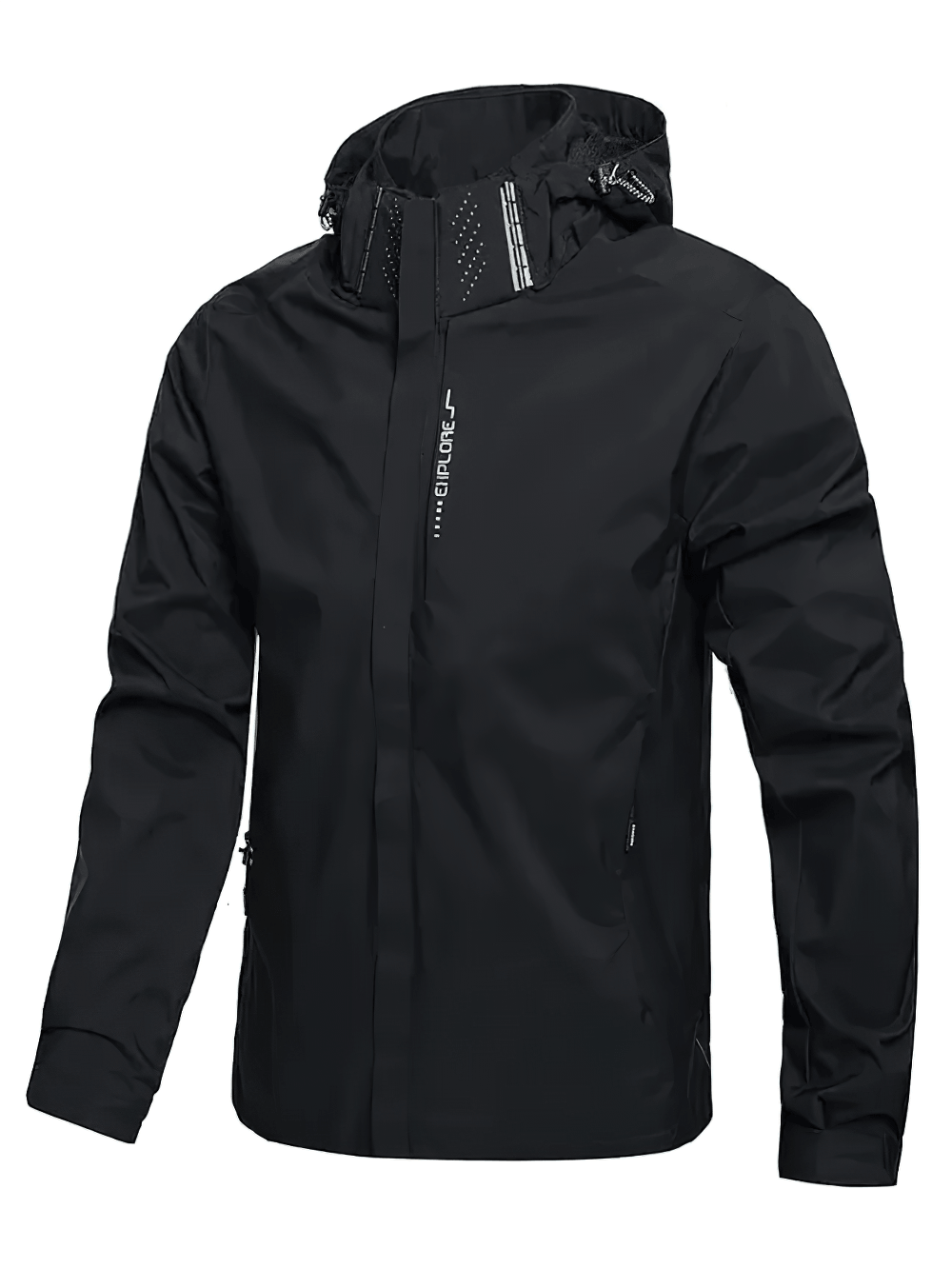 Waterproof Hooded Rain Jacket for Hiking Days - SF4684 in black, featuring adjustable hood and secure zip pockets.