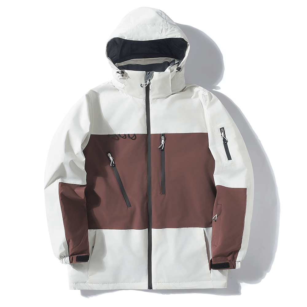 Stylish waterproof hooded ski jacket SF2553 with insulated windproof design for men and women, featuring zip pockets in white and brown.