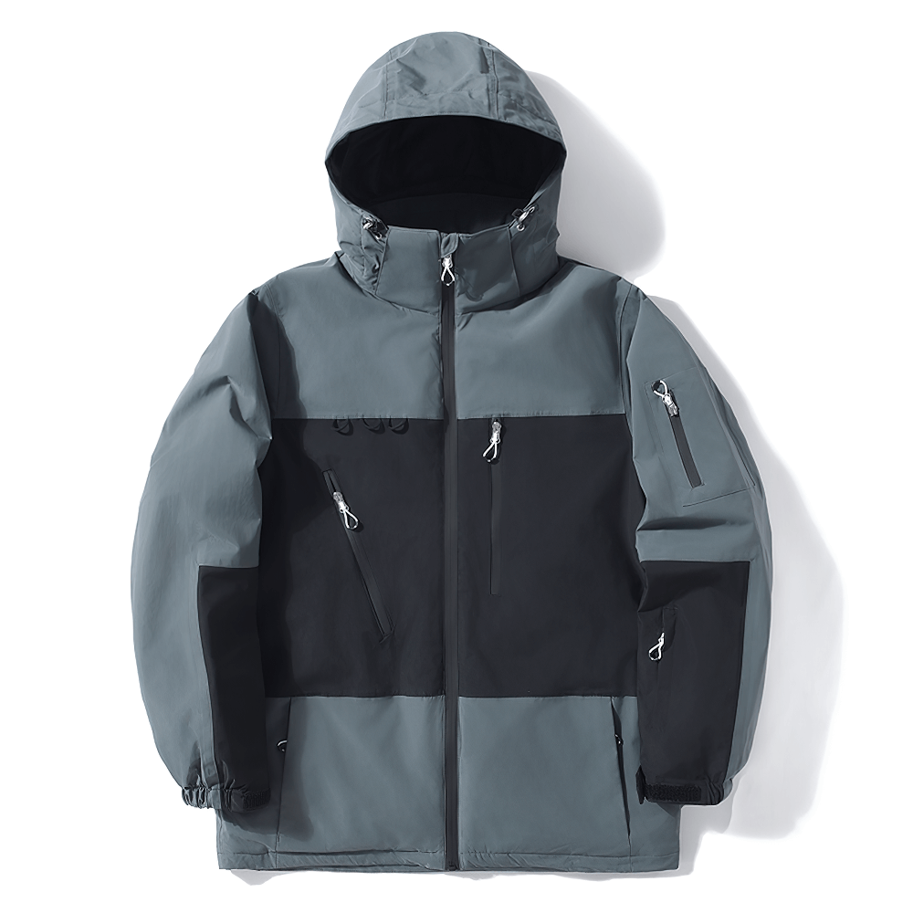 Gray and black waterproof hooded ski jacket with detachable hood and secure pockets, ideal for outdoor winter sports.