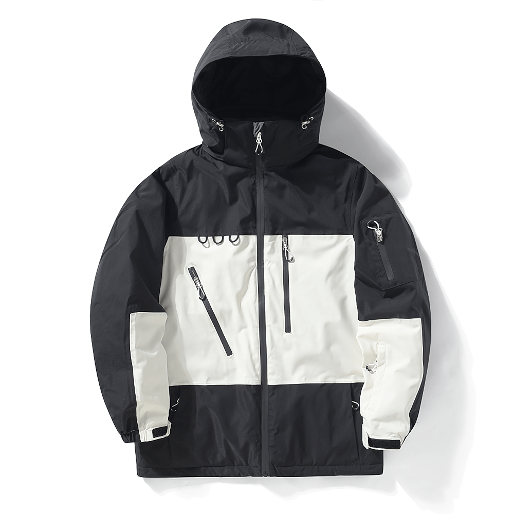 Black and white waterproof hooded ski jacket SF2553 with detachable hood and secure zip pockets for outdoor sports.