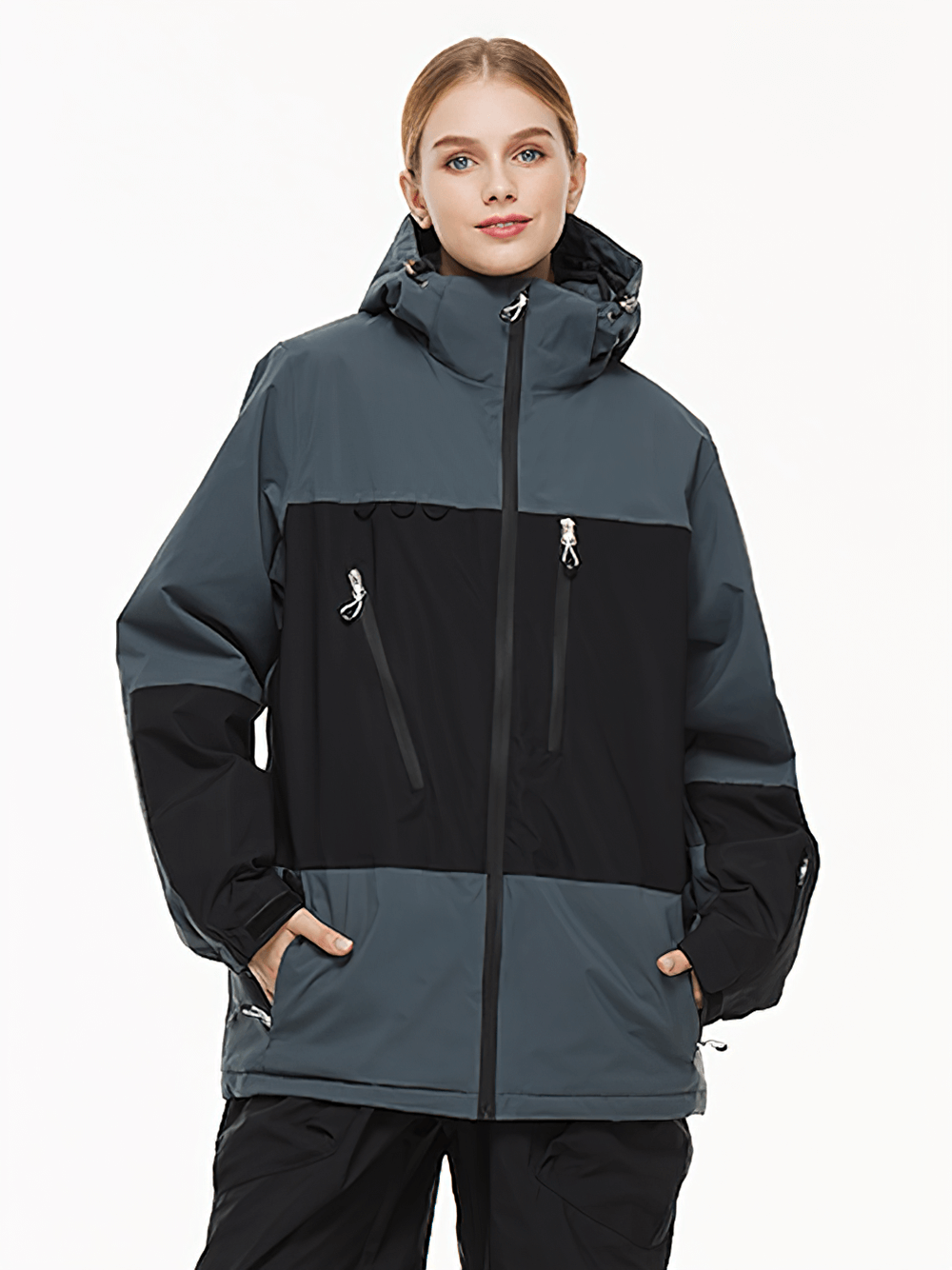 Waterproof hooded ski jacket SF2553 for men and women, featuring a detachable hood and insulated design for winter sports.