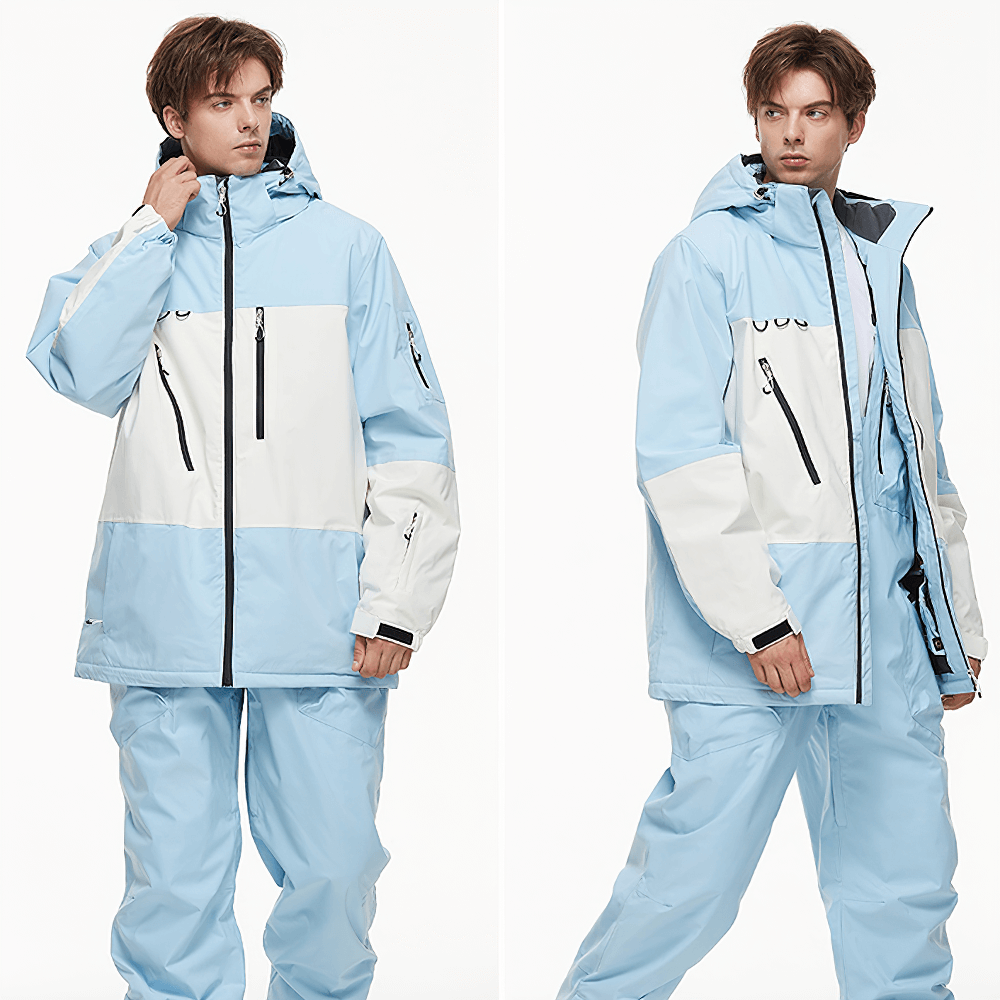 Model wearing waterproof hooded blue and white ski jacket SF2553, showcasing its design and functionality for winter sports.