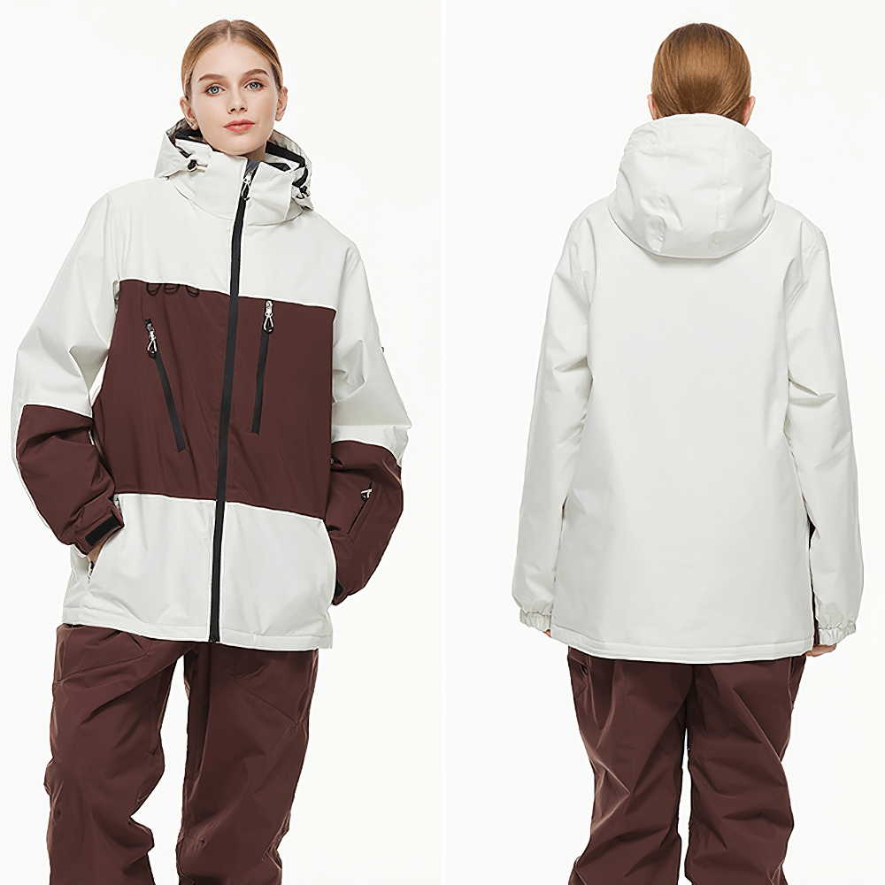 Model wearing a waterproof hooded ski jacket SF2553 in white and burgundy, showcasing windproof features and detachable hood for winter sports.