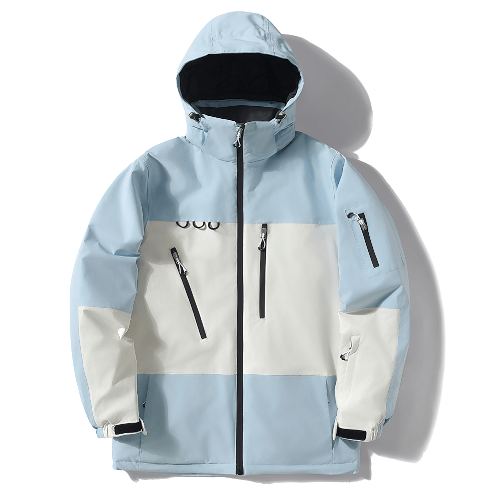 Light blue and white waterproof hooded ski jacket with zip pockets, perfect for snowboarding and winter sports. Insulated outerwear SF2553.